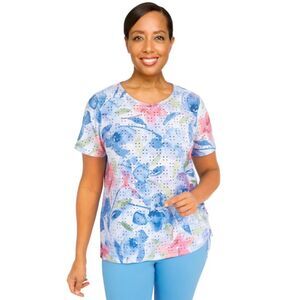 Multicolored Floral Sz Large Embellished Neck Stretch Eyelet Shirt ALFRED DUNNER